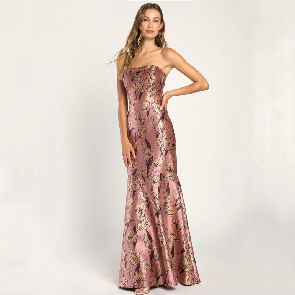 Lulus Gowning Around Mauve Floral Jacquard Strapless Maxi Dress sz XL